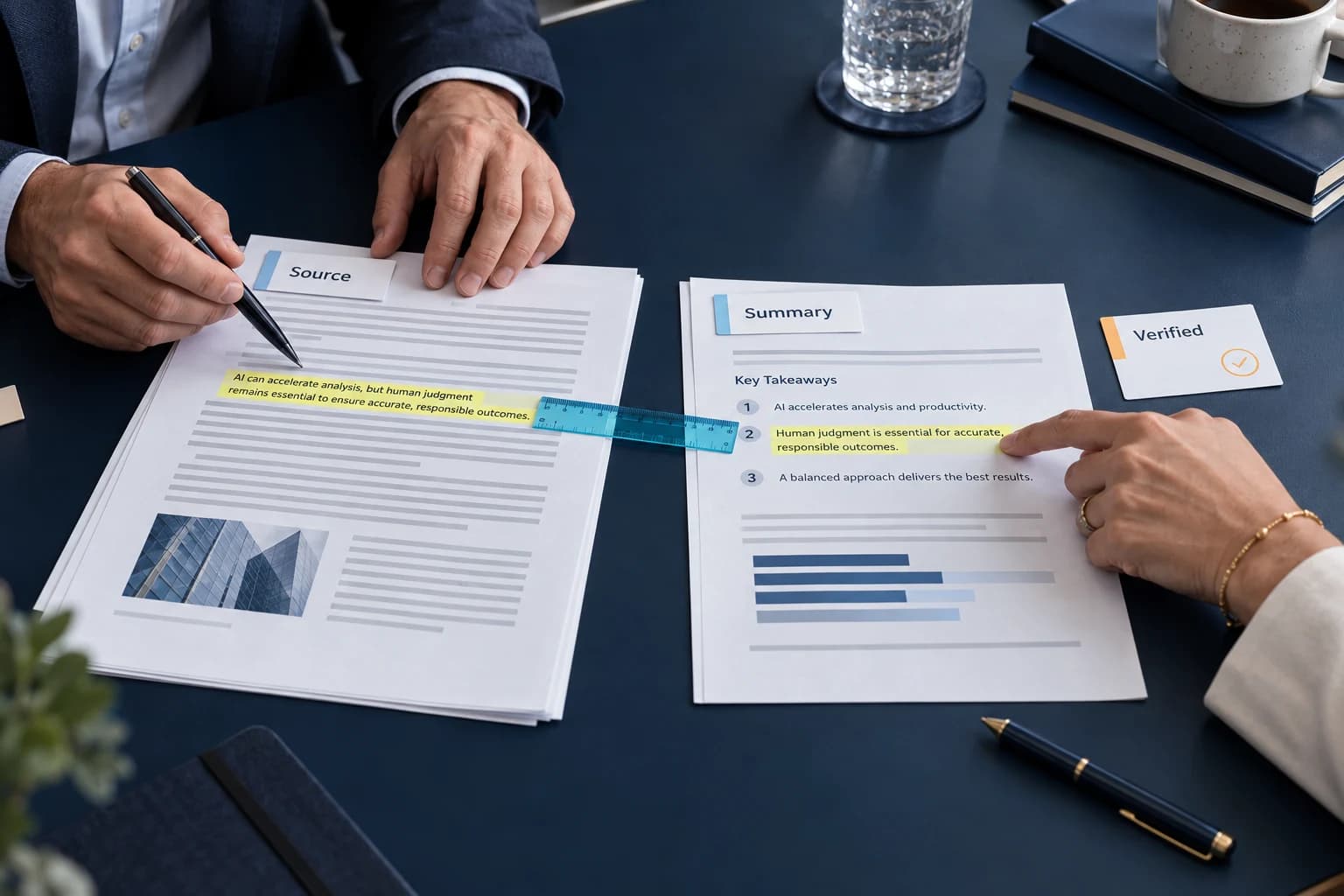 Source and summary documents illustrating human review of AI output