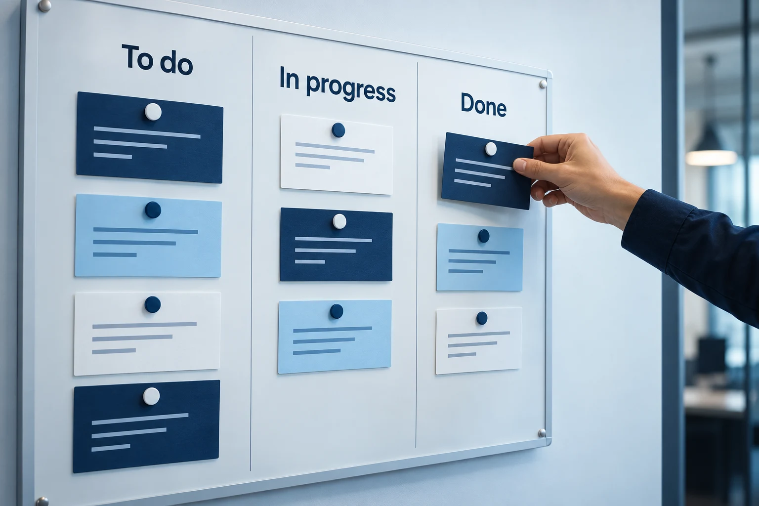 Task board illustrating work moving through a business process