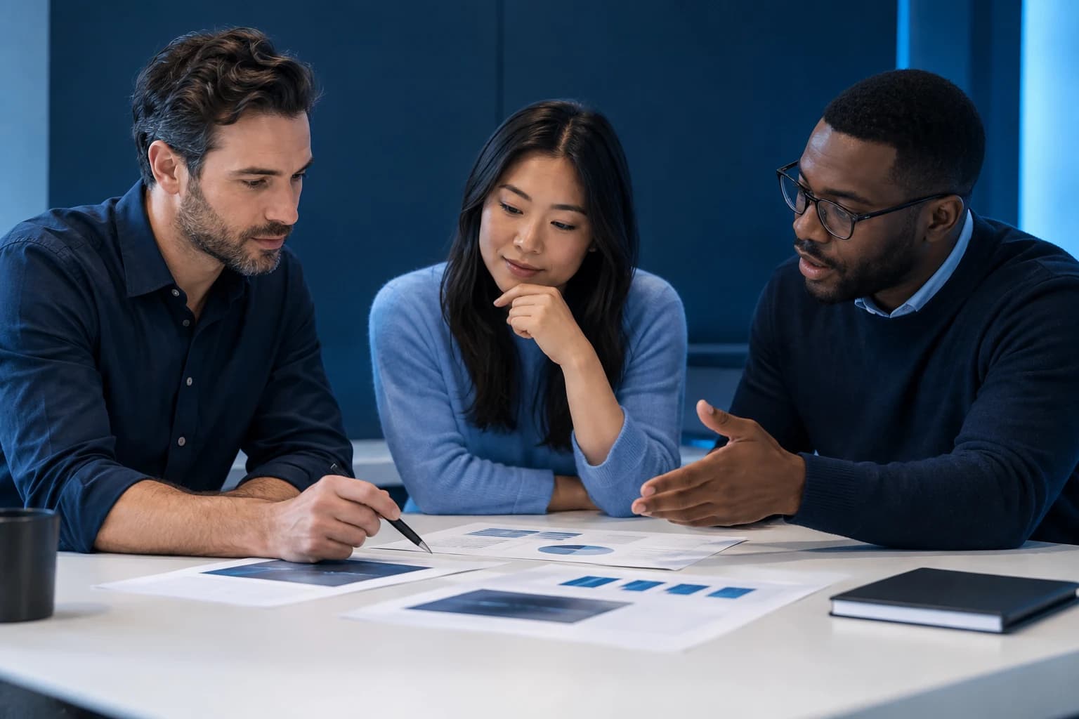 Illustrative small team training session reviewing AI task examples