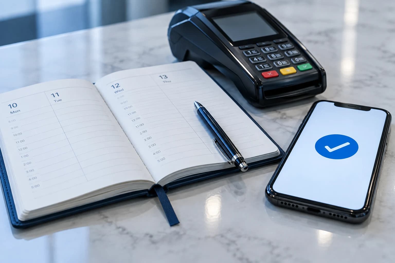 Booking and payment integration concept with appointment book and phone