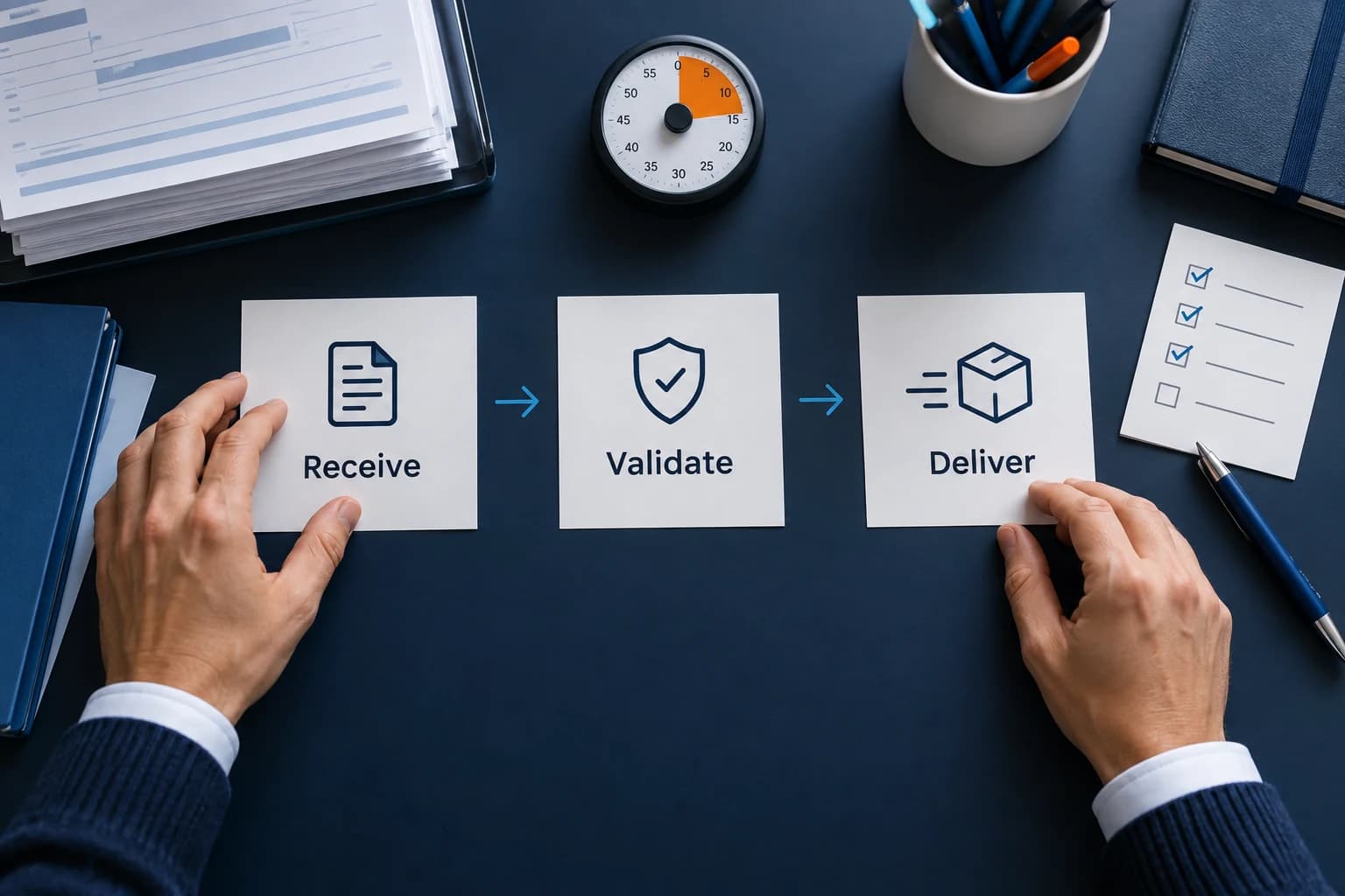 Workflow planning concept with Receive, Validate and Deliver cards