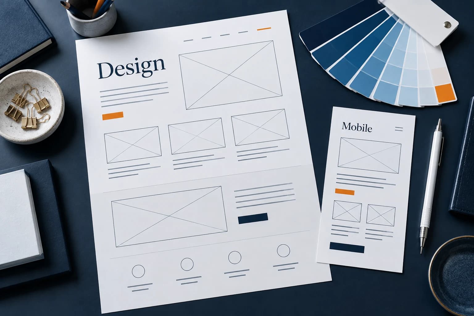 Printed responsive website layouts and blue design swatches